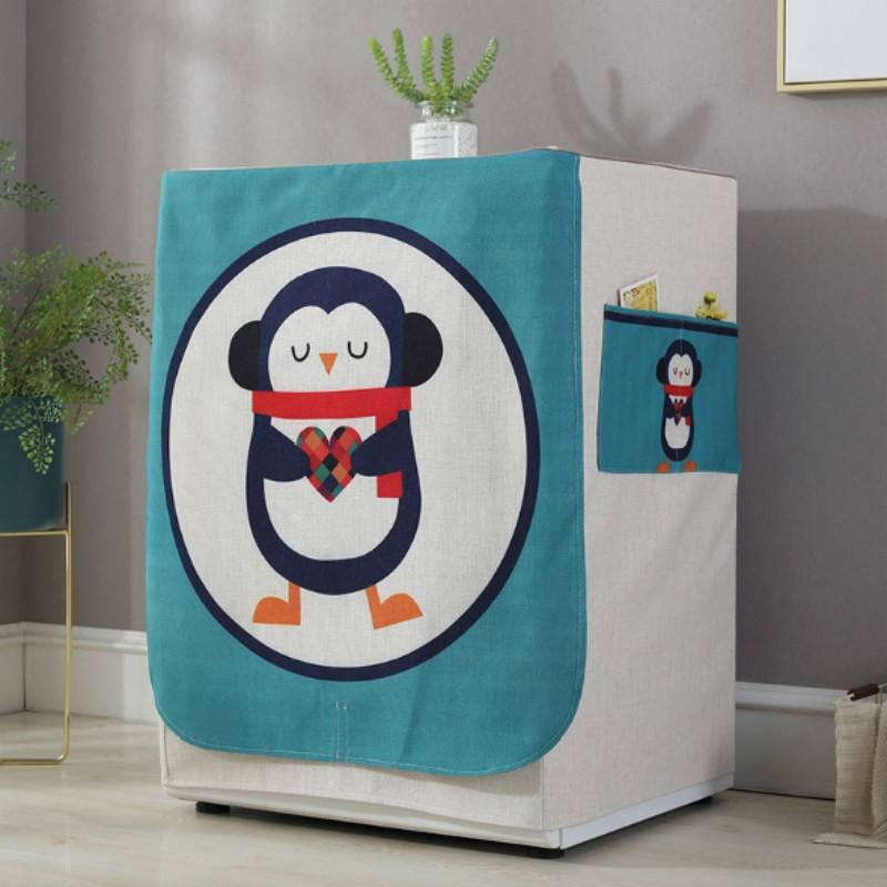 Cartoon Cotton Linen Drum Roller Washing Machine Dust Cover - 83x60x60cm Size - Penguin