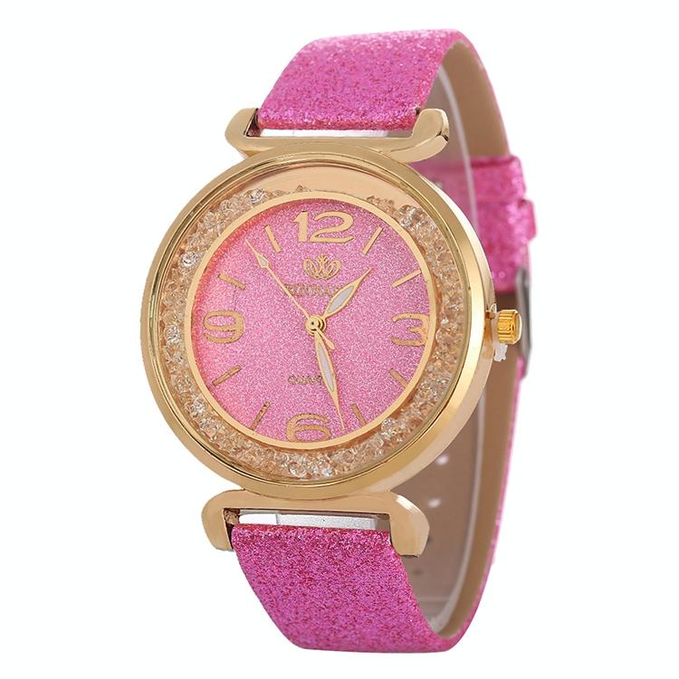 Gold Rhinestone Quartz Watch with Pu Leather Strap for Women - Pink