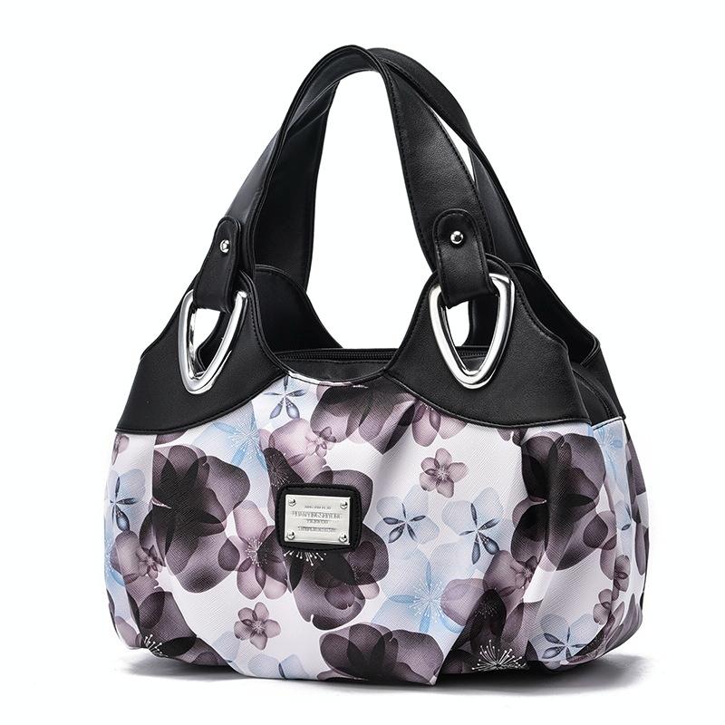 Soft Leather Women Handbag - Black Handle Purple Flower