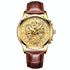 Waterproof Luminous Men Quartz Watch - Hollow Design - Brown Leather Full Golden Surface
