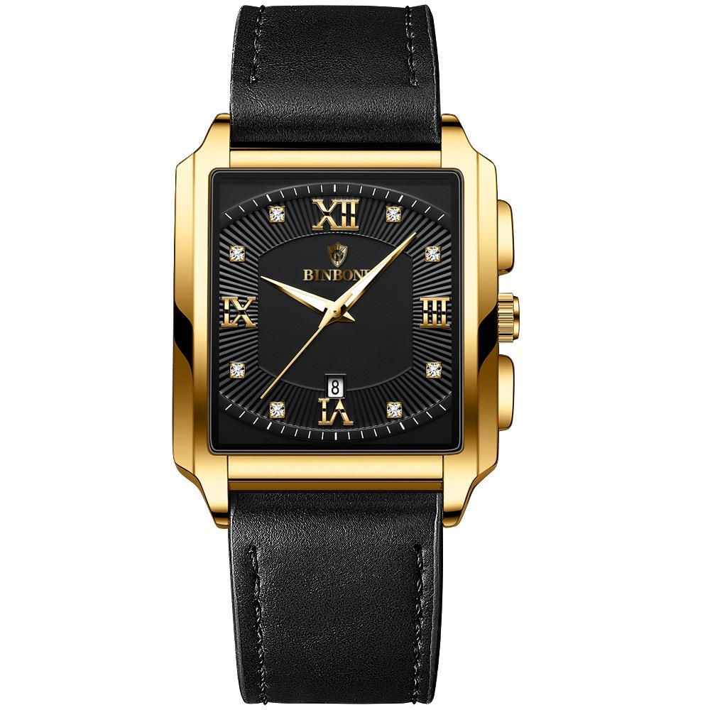 Waterproof Men Quartz Watch - Rectangular Outdoor Design - Black Leather-Full Gold-Black