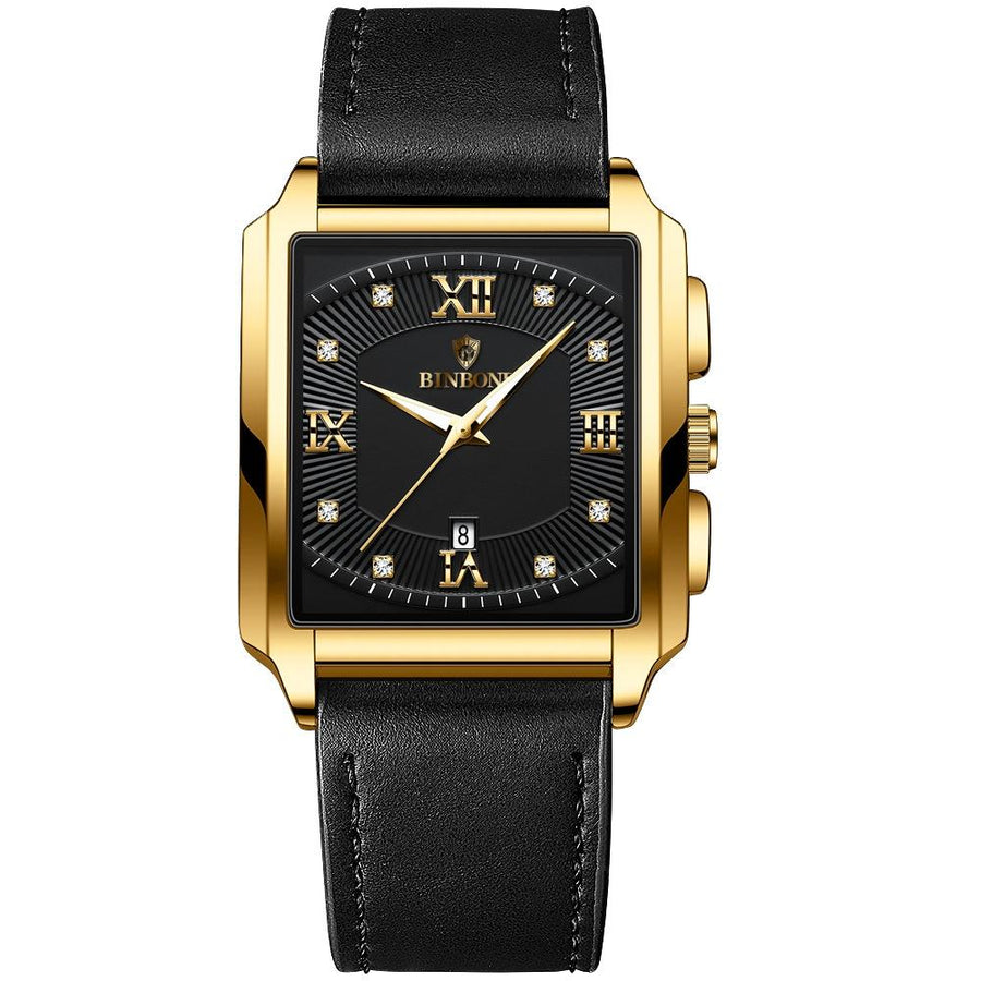 Waterproof Men Quartz Watch - Rectangular Outdoor Design - Black Leather-Full Gold-Black