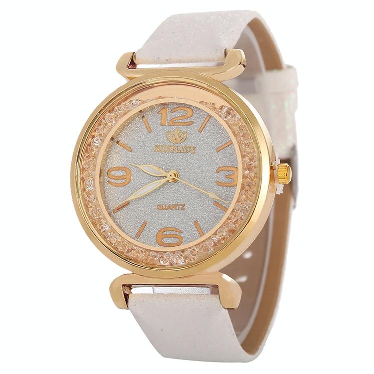 Gold Rhinestone Quartz Watch with Pu Leather Strap for Women - White