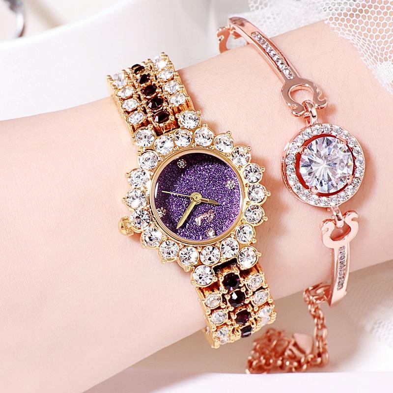 Women Quartz Bracelet Watch with Diamond Accents - Gold Shell Purple Plate