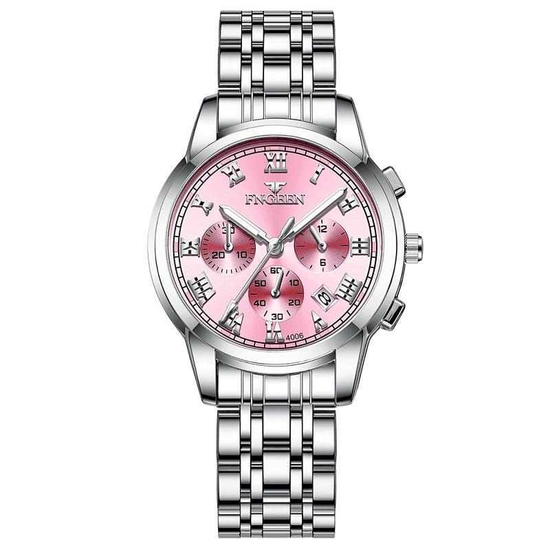 Stylish Women Quartz Watch with Luminous Display and Date - White Steel Pink Surface