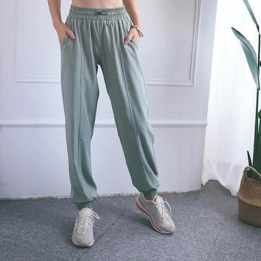 High Waist Drawstring Fitness Pants Black Size L - Water Moss Colour Xl