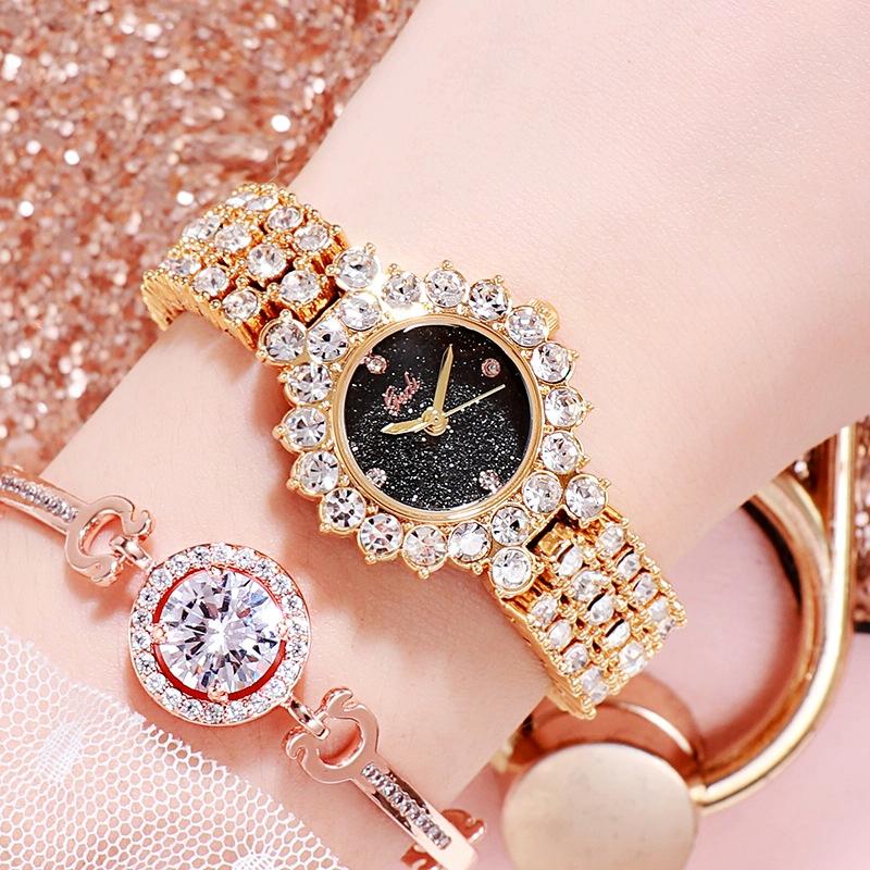 Women Quartz Bracelet Watch with Diamond Accents - Golden Shell Black Plate