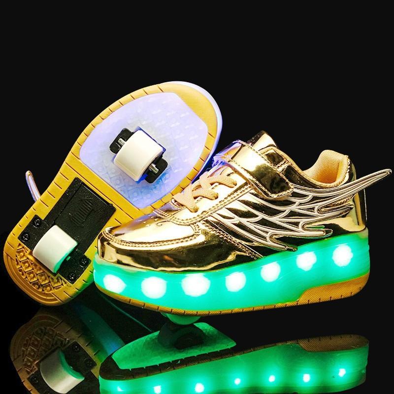 Double Wheel Led Roller Skates - Size 39 Wing Design - Gold