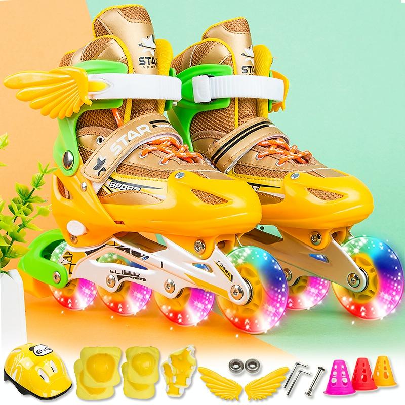 Adjustable Kids Roller Skates Set - Full Flash Single Four-wheel - Size l - Gold