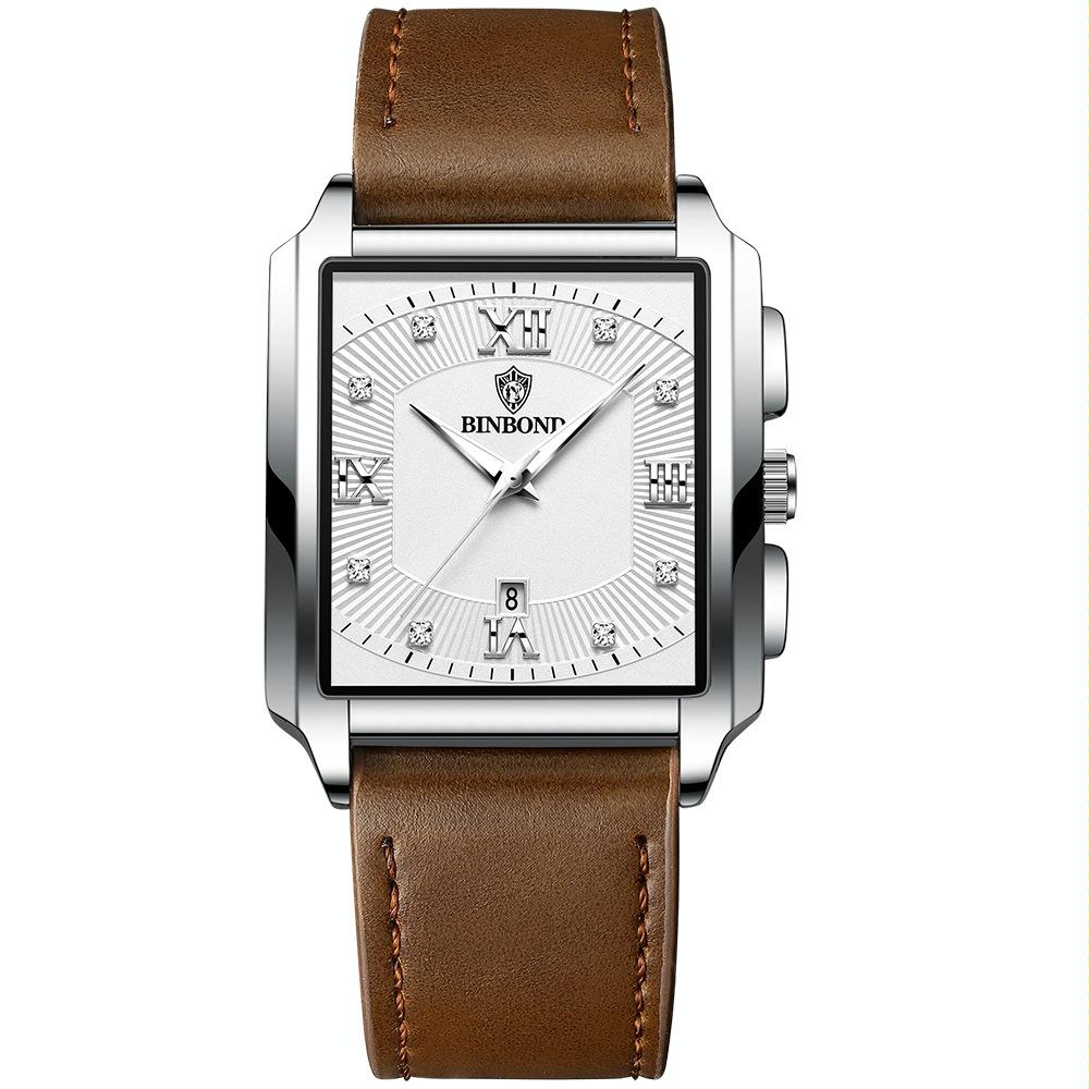 Waterproof Men Quartz Watch - Rectangular Outdoor Design - Brown Leather-White Steel