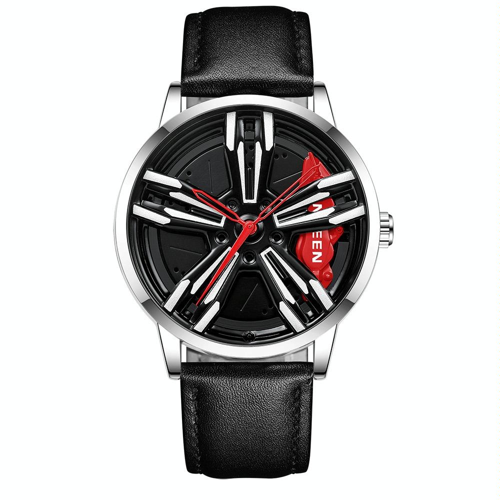 Men Metal Motorcycle Watch with Rotating Hub - Black Leather White Steel Red Surface