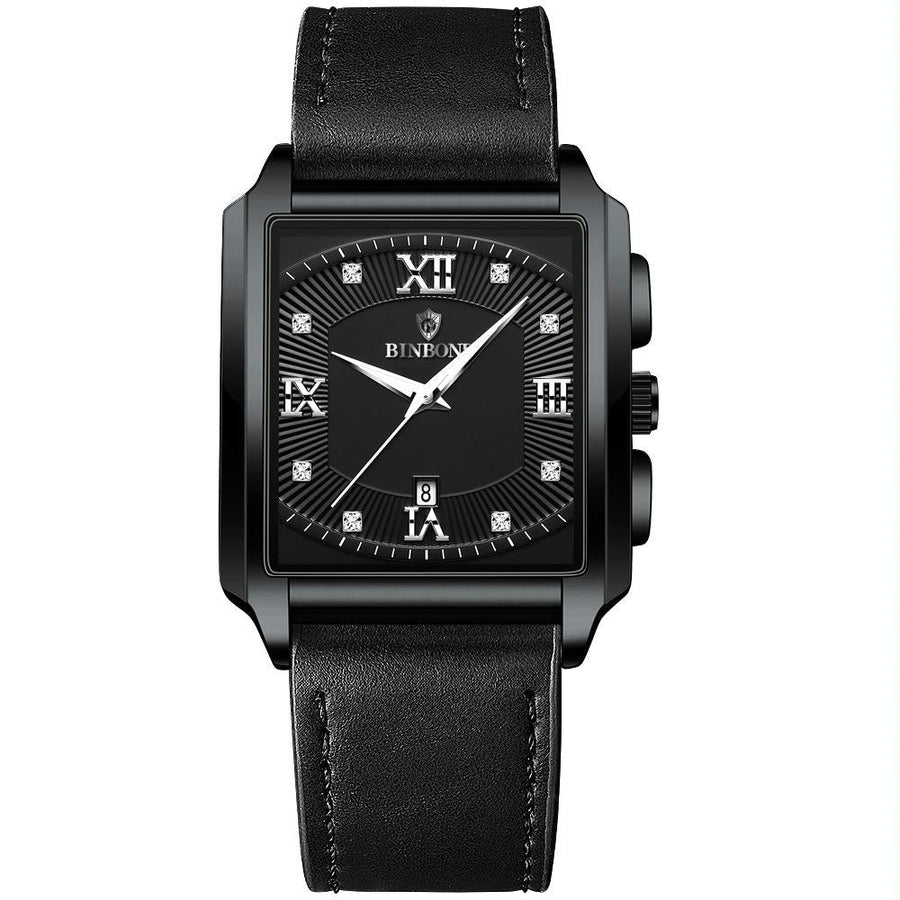 Waterproof Men Quartz Watch - Rectangular Outdoor Design - Black Leather-Black Steel-White