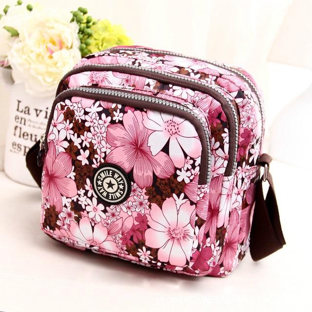 Waterproof Nylon Multilayer Crossbody Bag For Women - Pink Flower