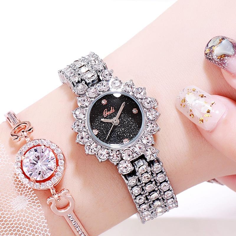 Women Quartz Bracelet Watch with Diamond Accents - Silver Shell Black Plate
