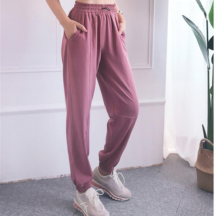 High Waist Drawstring Fitness Pants Black Size L - Quicksand Powder Xl