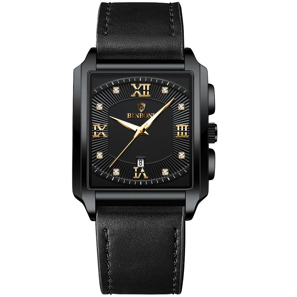 Waterproof Men Quartz Watch - Rectangular Outdoor Design - Black Leather-Black Steel-Gold