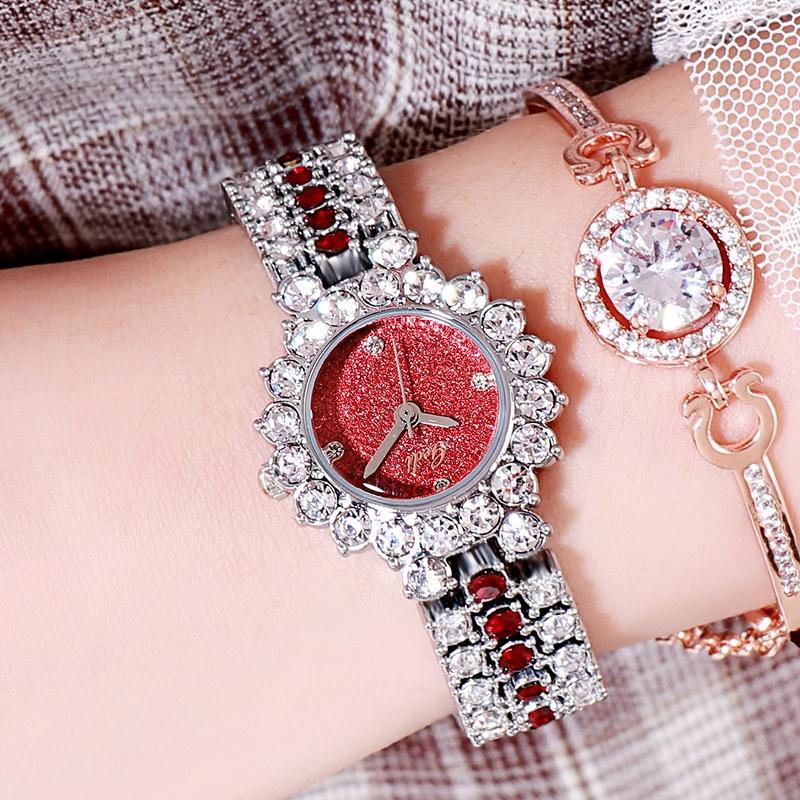 Women Quartz Bracelet Watch with Diamond Accents - Silver Shell Red Plate