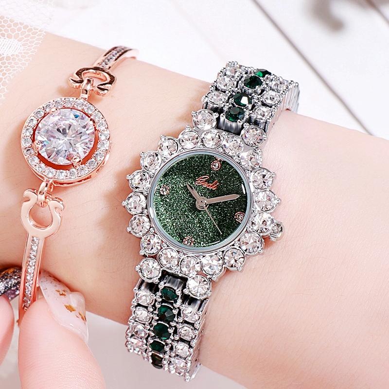 Women Quartz Bracelet Watch with Diamond Accents - Silver Shell Green Plate