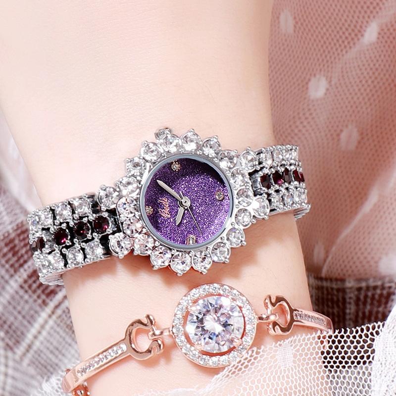 Women Quartz Bracelet Watch with Diamond Accents - Silver Shell Purple Plate