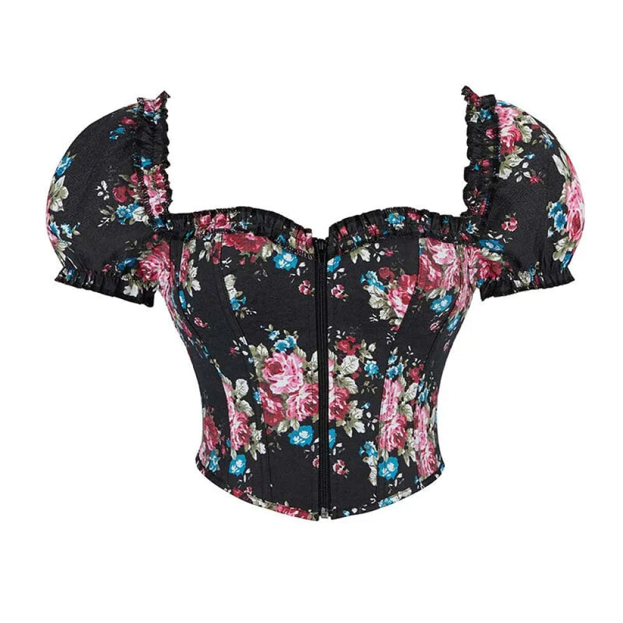 Vintage Floral Crop Top With Puff Sleeves Black / Pink / Green Denim Jeans Fabric Zip Up Corset For Women - Black - M