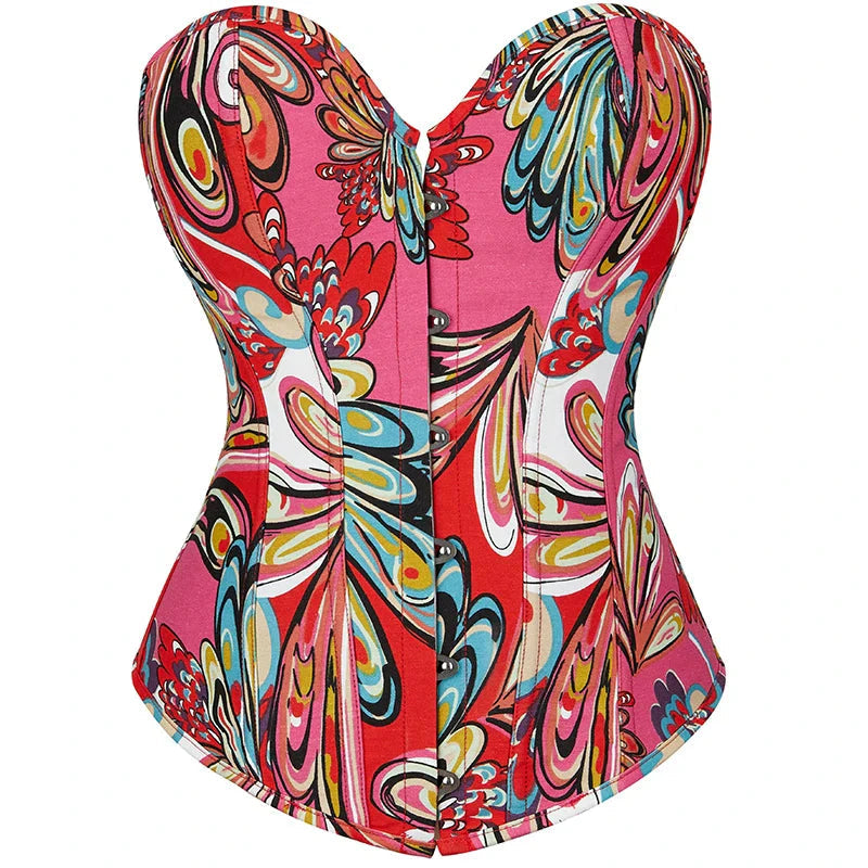 Vintage Lace-Up Denim Corset With Thong Plus Size S-Xxl - Red - M