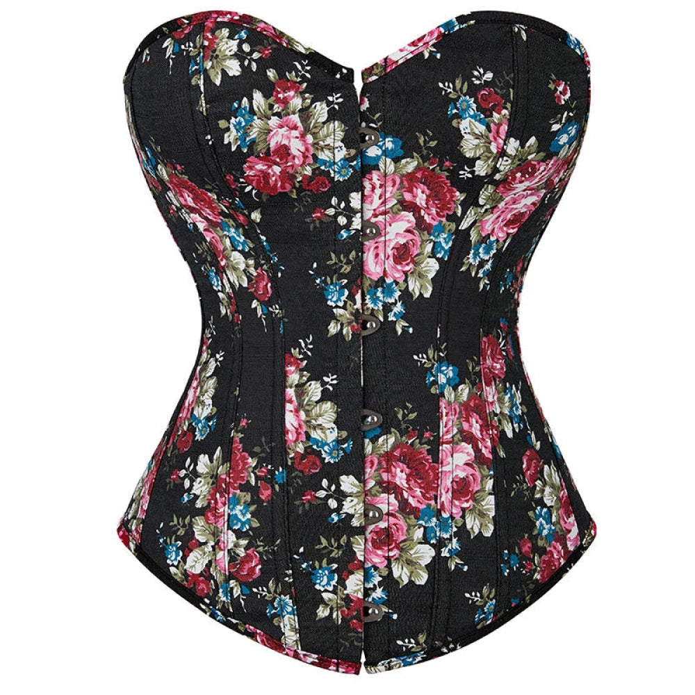 Floral Lace-Up Denim Corset Plus Size S-6Xl Boned Strapless Blue / Black - Black - S