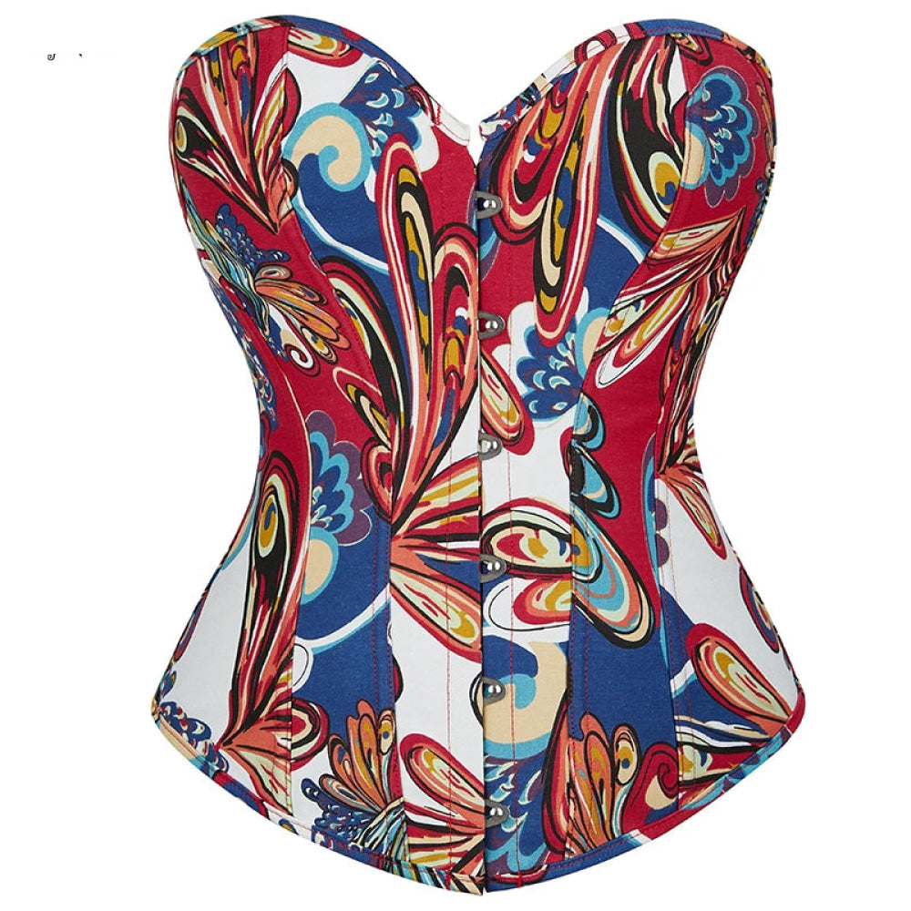 Oil Painting Strapless Overbust Corset Top Front 6 Busk Back Lace Renaissance Style For Women - Blue - M