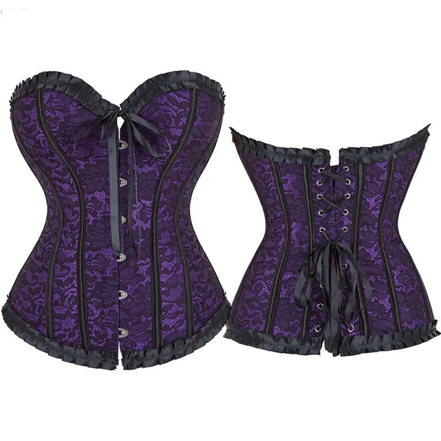 Fishbone Bow Tight Chest Binder Bustier For Gothic Dress Women 10 Red Purple Ruffled Lace Victorian Corset Top - Purple - 4Xl