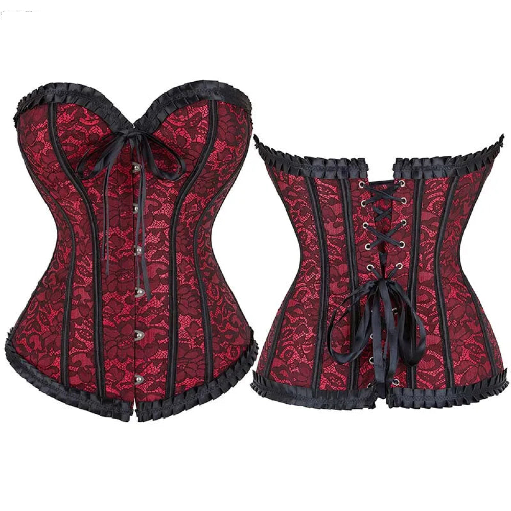 Fishbone Bow Tight Chest Binder Bustier For Gothic Dress Women 10 Red Purple Ruffled Lace Victorian Corset Top - Red - 4Xl