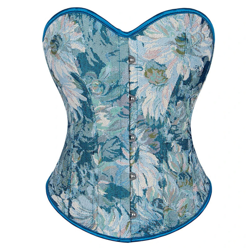 Floral Print Renaissance Corset 12 Plastic Bones Front 5 Busk Closure Plus Size - Blue 502 - Xl