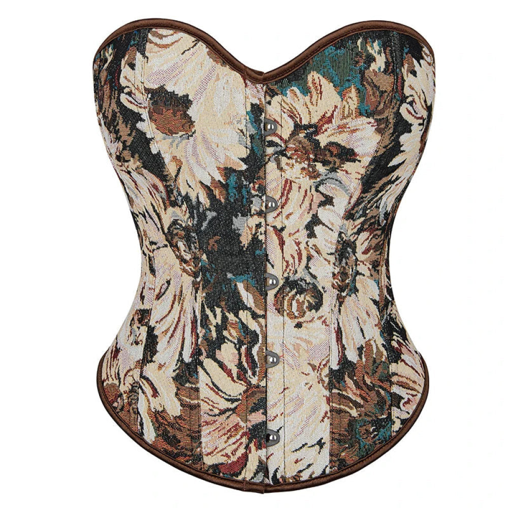 Floral Print Renaissance Corset 12 Plastic Bones Front 5 Busk Closure Plus Size - Brown 791 - 6Xl