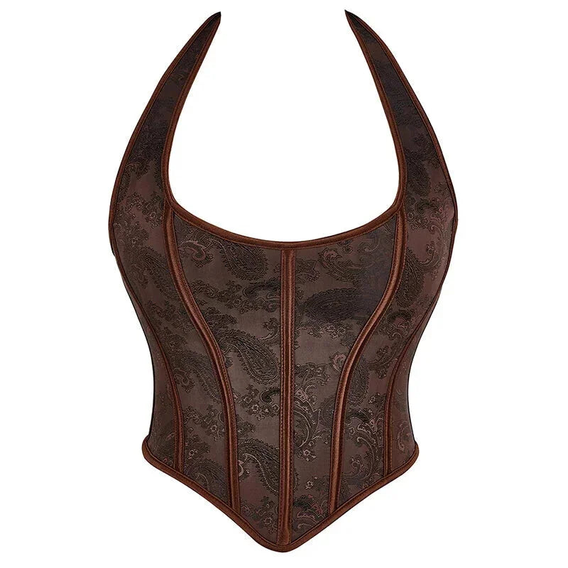 Fish Bone Jacquard Deep V-Neck Corset Crop Top With Halter Neck Plus Size - S