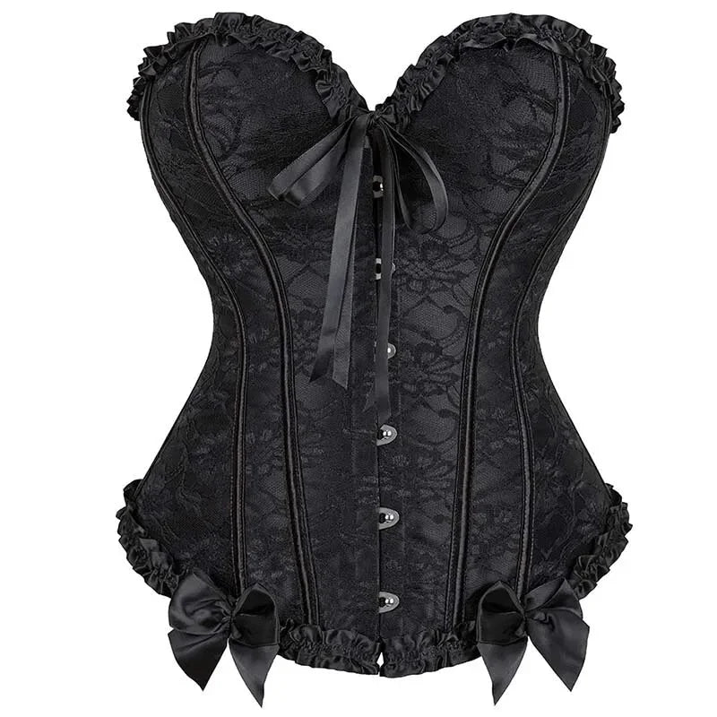 Vintage Lace Overlay Corset With Bowknot Detail Lace Up Bone Pleated Mesh Women - L