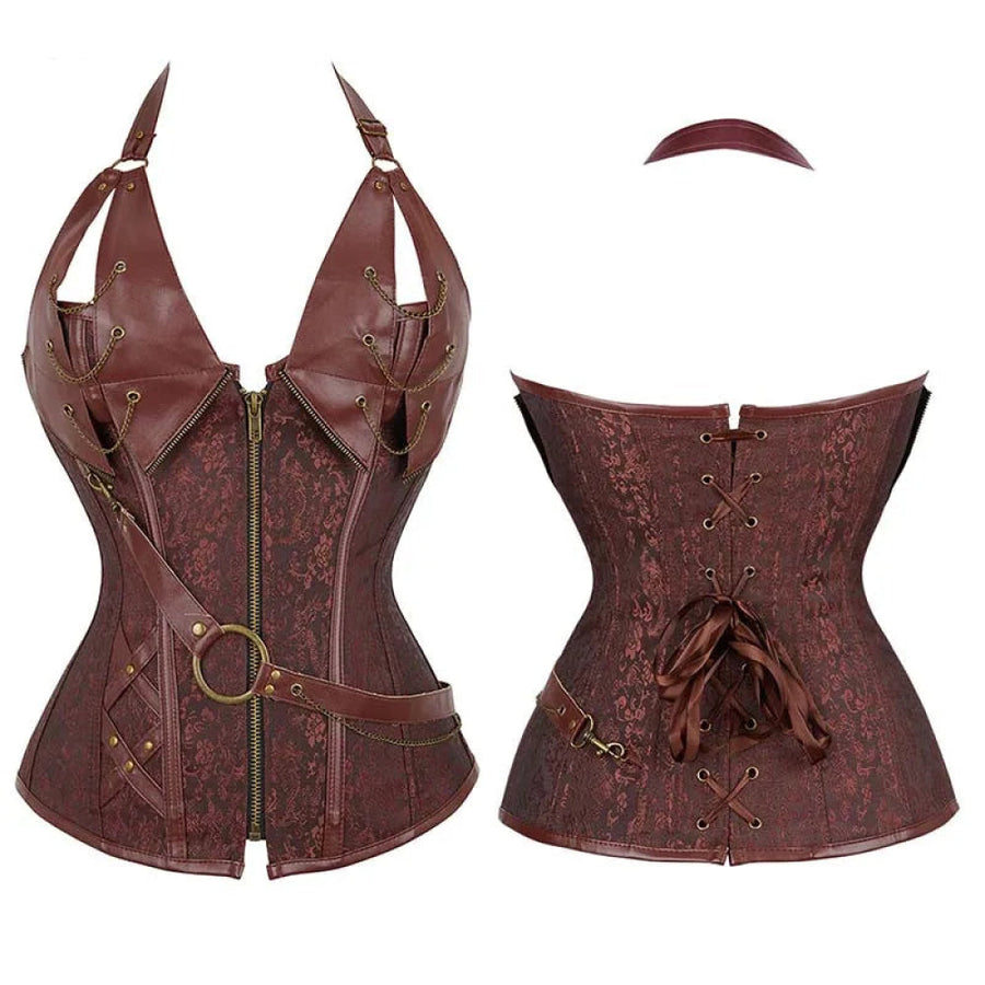 Deep V Halter Chest Binder Bustier Black Brown Steampunk Gothic Corset Plus Size With Zip - Brown - 5Xl