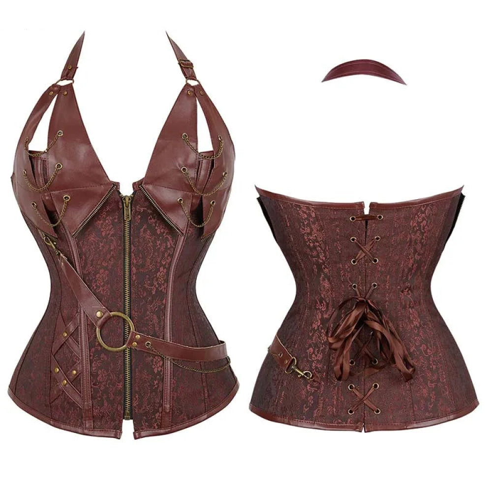 Deep V Halter Chest Binder Bustier Black Brown Steampunk Gothic Corset Plus Size With Zip - Brown - Xxxl