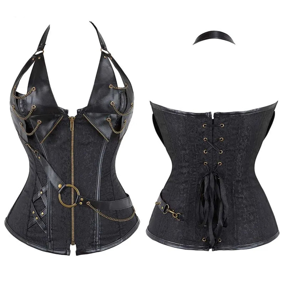 Deep V Halter Chest Binder Bustier Black Brown Steampunk Gothic Corset Plus Size With Zip - Black - Xxxl
