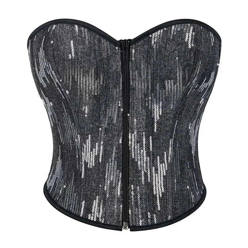 Plus Size Silver Sequin Crop Top With Lace Detail 14 Fishbones Support S-Xxxl - Xxl