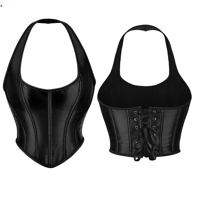Black Satin Lace-Up Gothic Corset Plus Size Sleeveless Vest With Boning And Shaping For Retro Women - Xl
