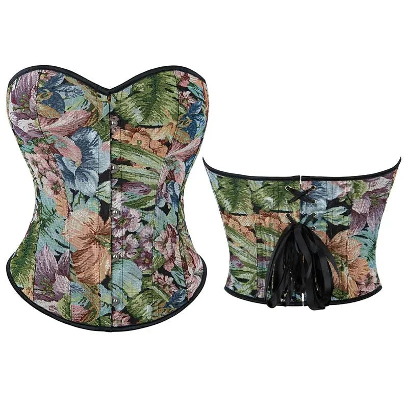 Floral Embroidered Renaissance Corset With Front Busk Closure And Back Lace Women Victorian Bustier - S