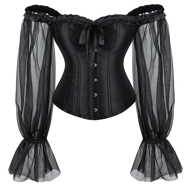 Ruffled Gothic Corselet Top With Puff Sleeves And Lace-Up Boning Transparent Satin Overbust Corset For Women - 4Xl
