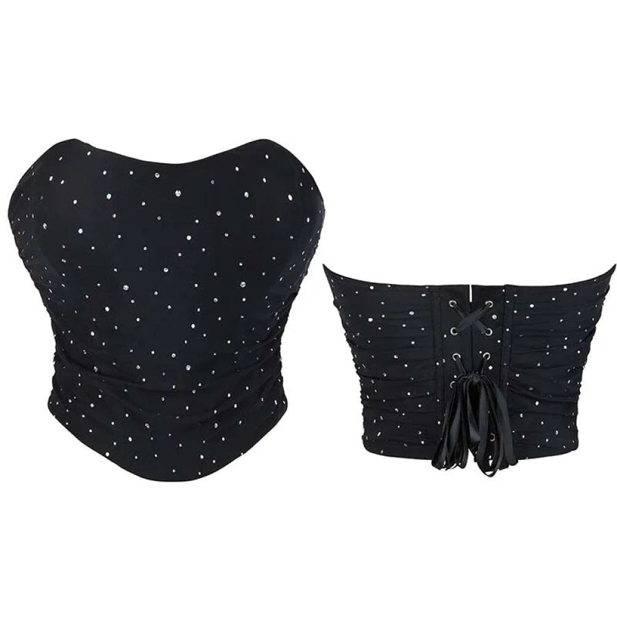 Black Ruched Hem Corset Crop Top For Plus Size Women Back Lace Tight Fit Sequined Detailing S-Xxl - Xl