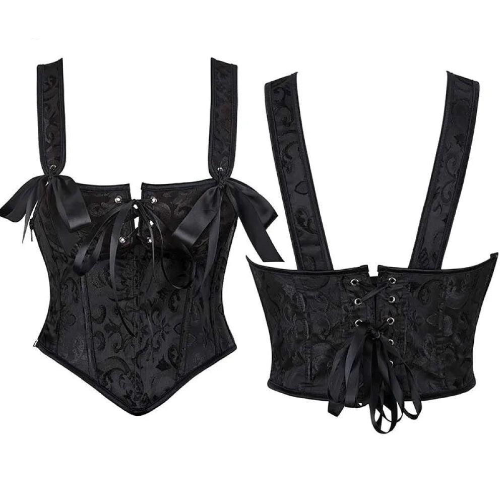 Floral Lace-Up Gothic Crop Top Sleeveless Boned Corset With Strap - Xxl