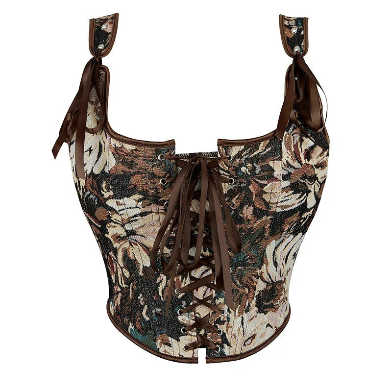 Brown Steampunk Corset Bustier Shoulder Strap Sleeveless Tank Top With Lace-Up Boning - 5Xl