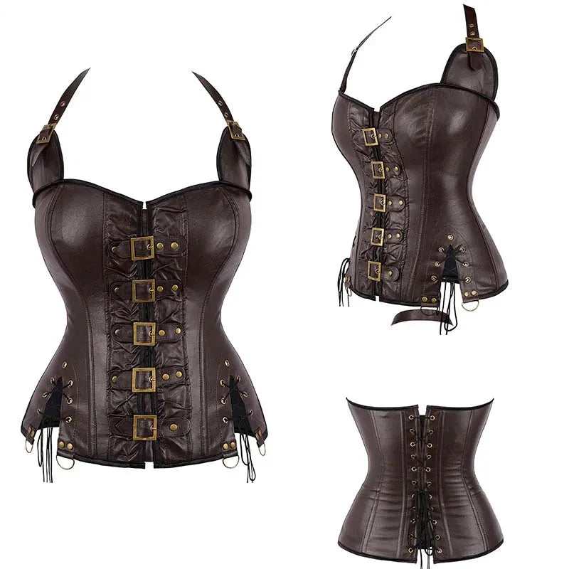 Steampunk Corselet With Zip & Buckle Women Gothic Fishbone Corset - Brown - S