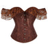 Brown Steampunk Corset With Front Busk Closure Floral Lace And Puff Sleeves - Brown - Xl