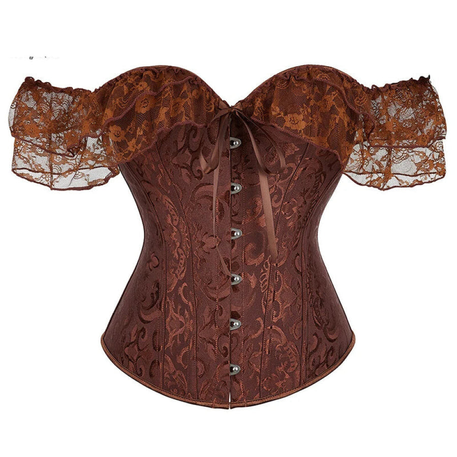 Brown Steampunk Corset With Front Busk Closure Floral Lace And Puff Sleeves - Brown - S