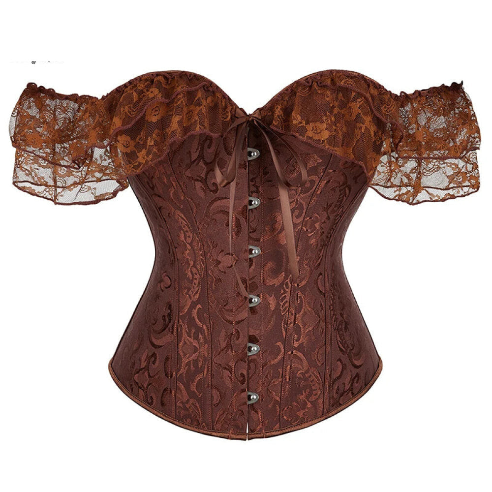 Brown Steampunk Corset With Front Busk Closure Floral Lace And Puff Sleeves - Brown - Xs