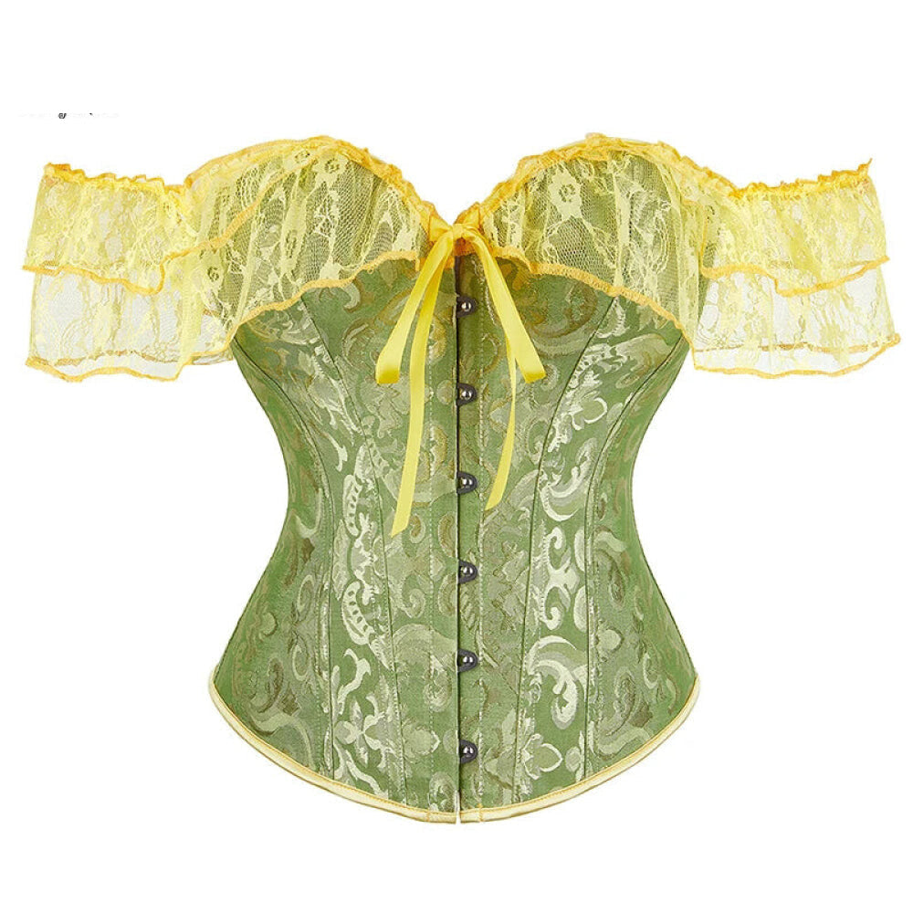 Brown Steampunk Corset With Front Busk Closure Floral Lace And Puff Sleeves - Green - 4Xl