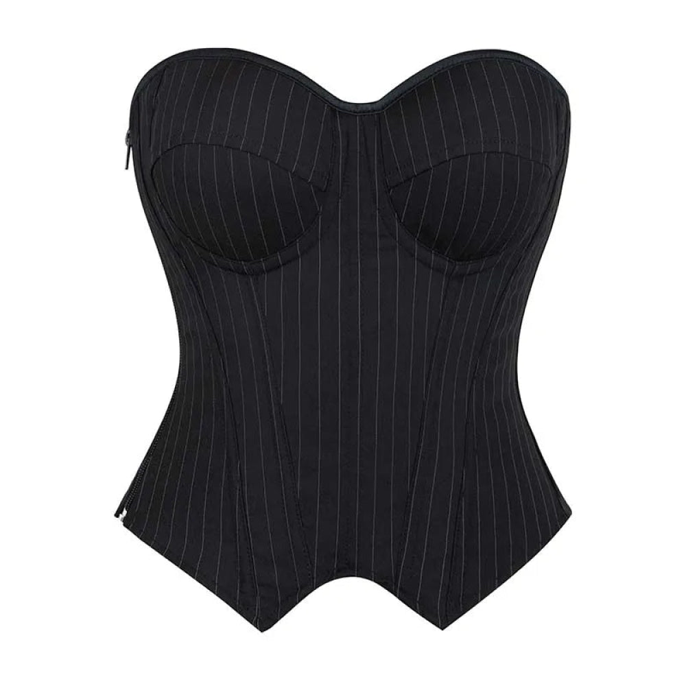 Push Up Pin Stripe Bustier Lace Up Boned Corset Top For Women - Black - Xs