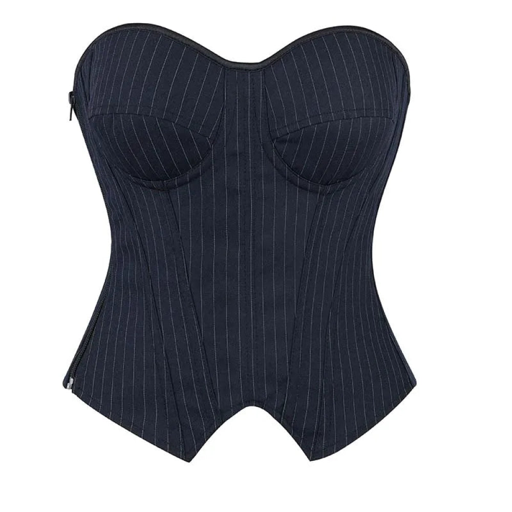 Push Up Pin Stripe Bustier Lace Up Boned Corset Top For Women - Navy Blue - Xs